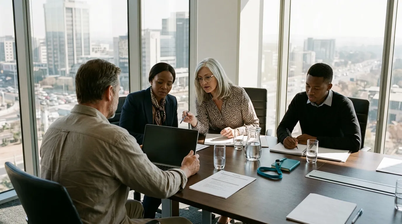 A consultant turns his laptop towards three executives in a boardroom.