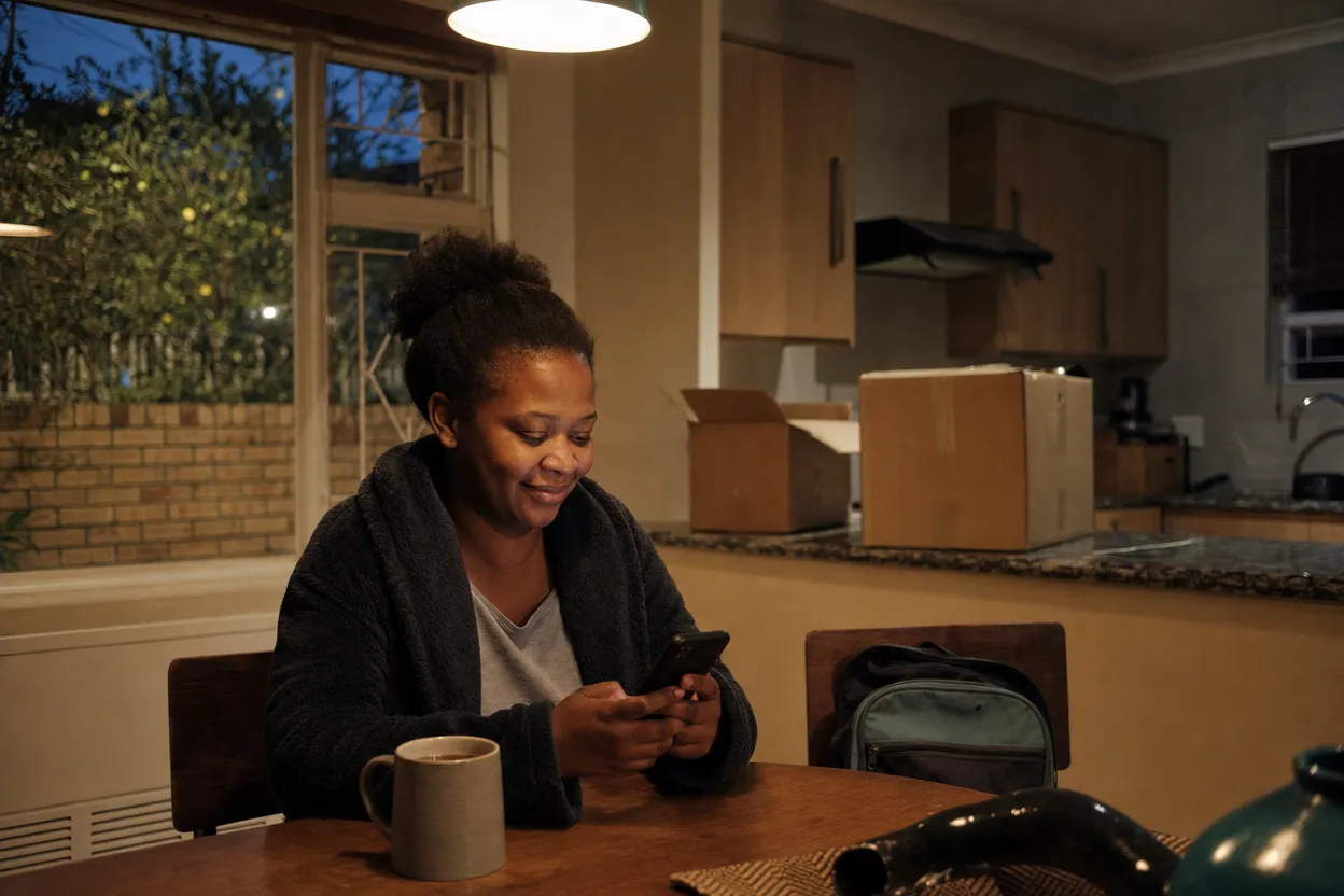 A client at her kitchen table in the evening, smiling at a reply on her phone, moving boxes behind her.
